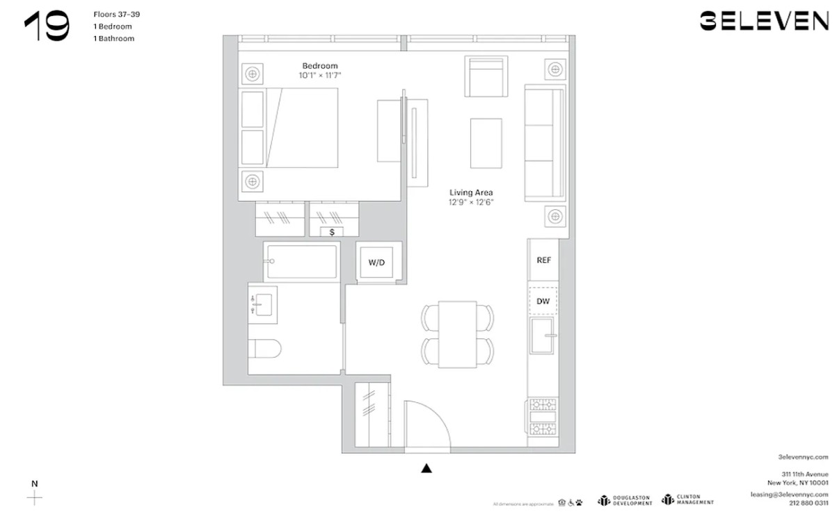 Floor plan for 3ELEVEN, a premium 1-bedroom, 1-bathroom apartmen