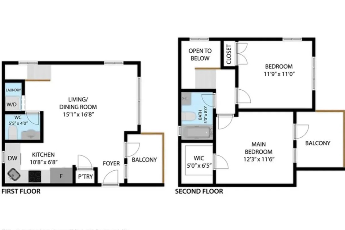 Floor plan for This bright and spacious 2-bedroom, 1.5-bath duplex