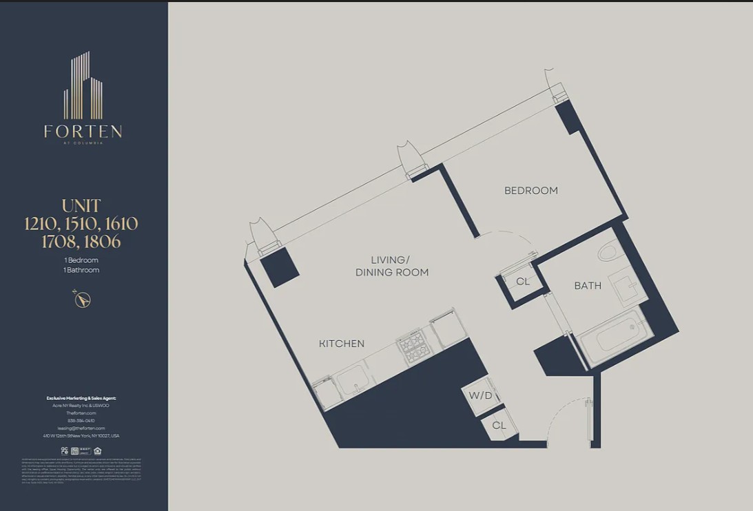 Floor plan for Forten at Columbia, a premium 1-bedroom, 1-bathroom apartmen