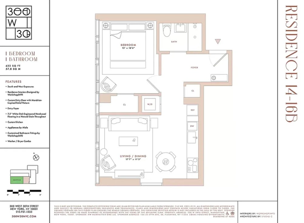 Floor plan for Penthouse B at 300 West 30th Street, a premium 1-bedroom, 1-bathroom apartmen